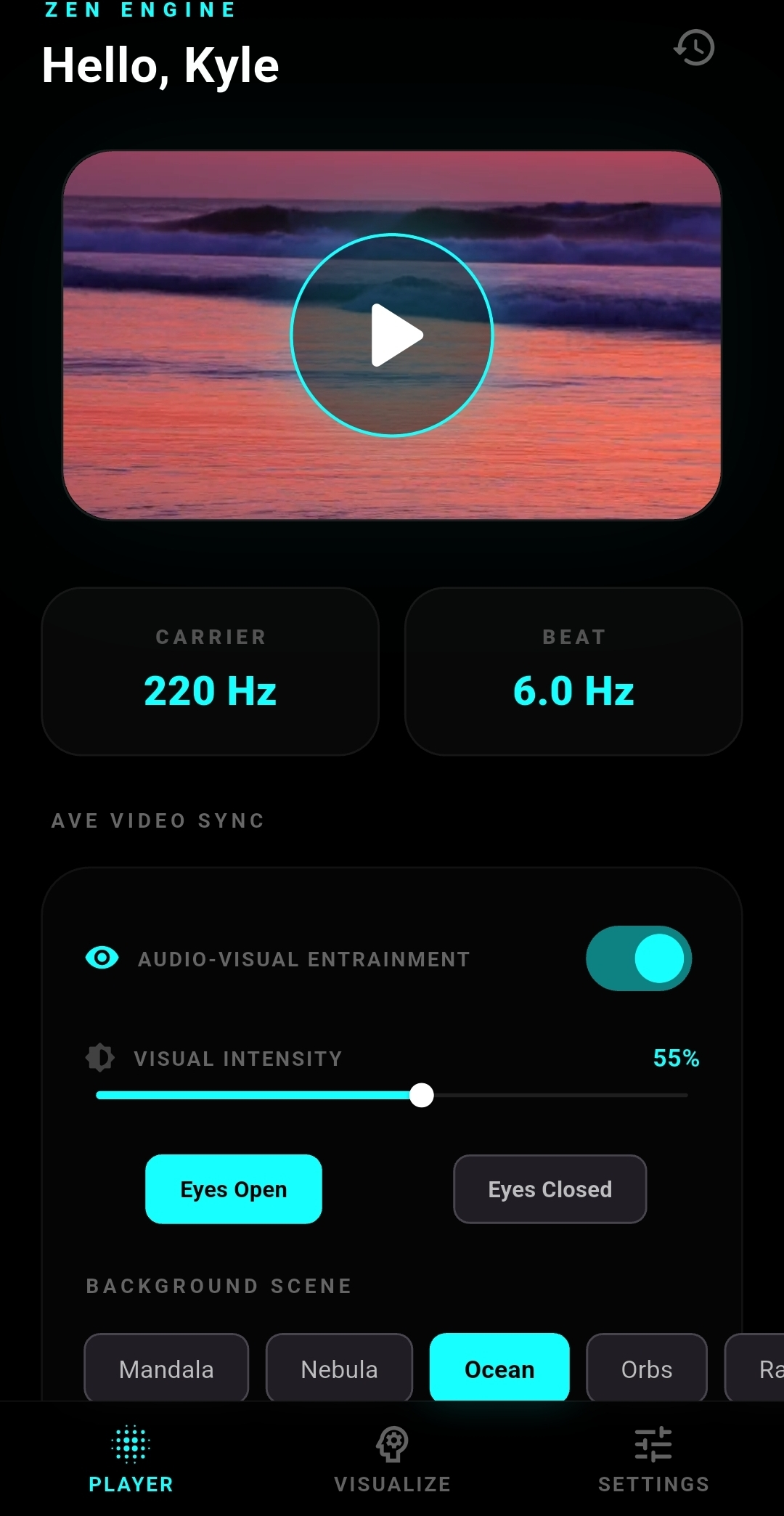 Player tab with AVE visualizer and transport controls
